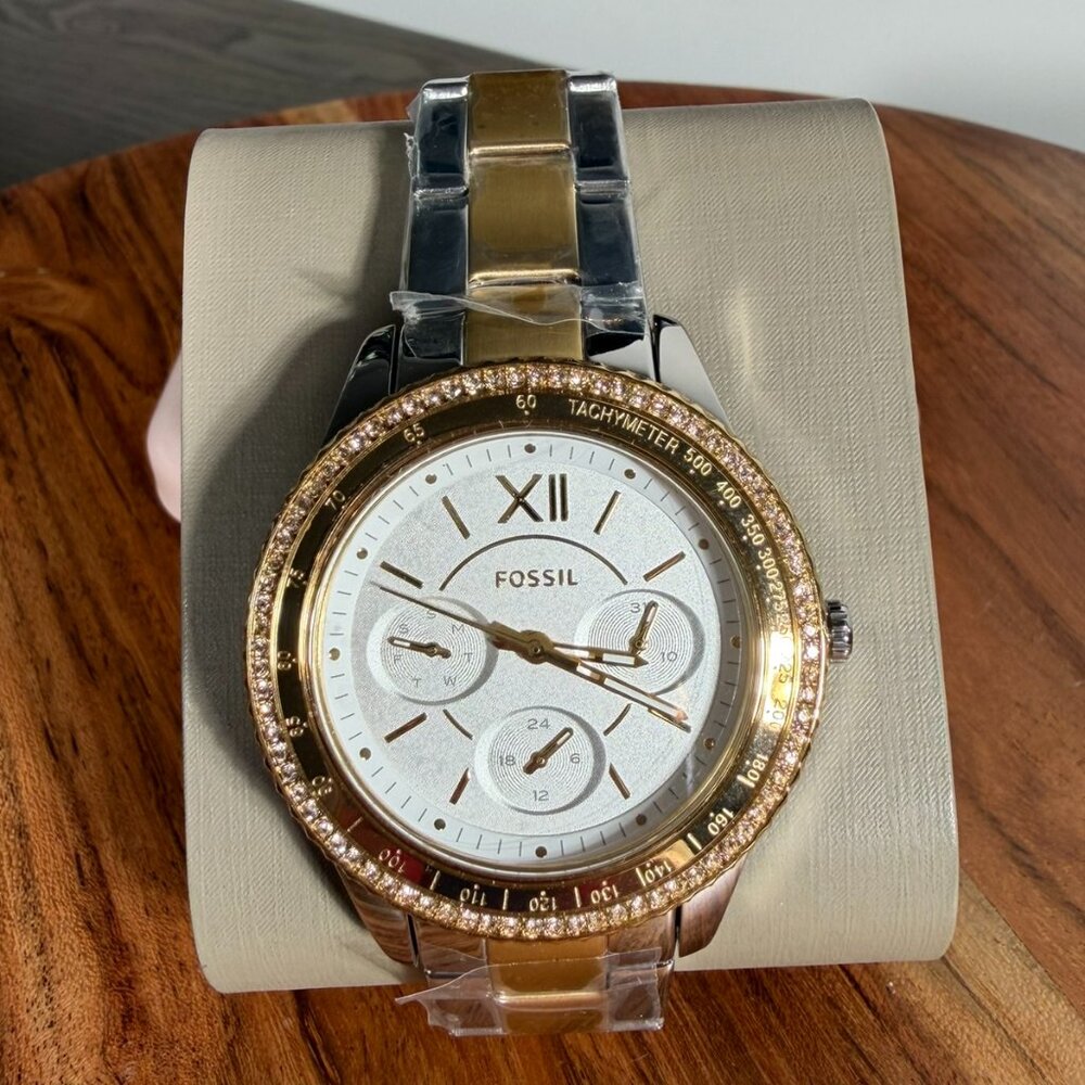 Fossil Two-Tone Gold & Silver Crystal Bezel Watch | NWT | Engraved Back - Mimi